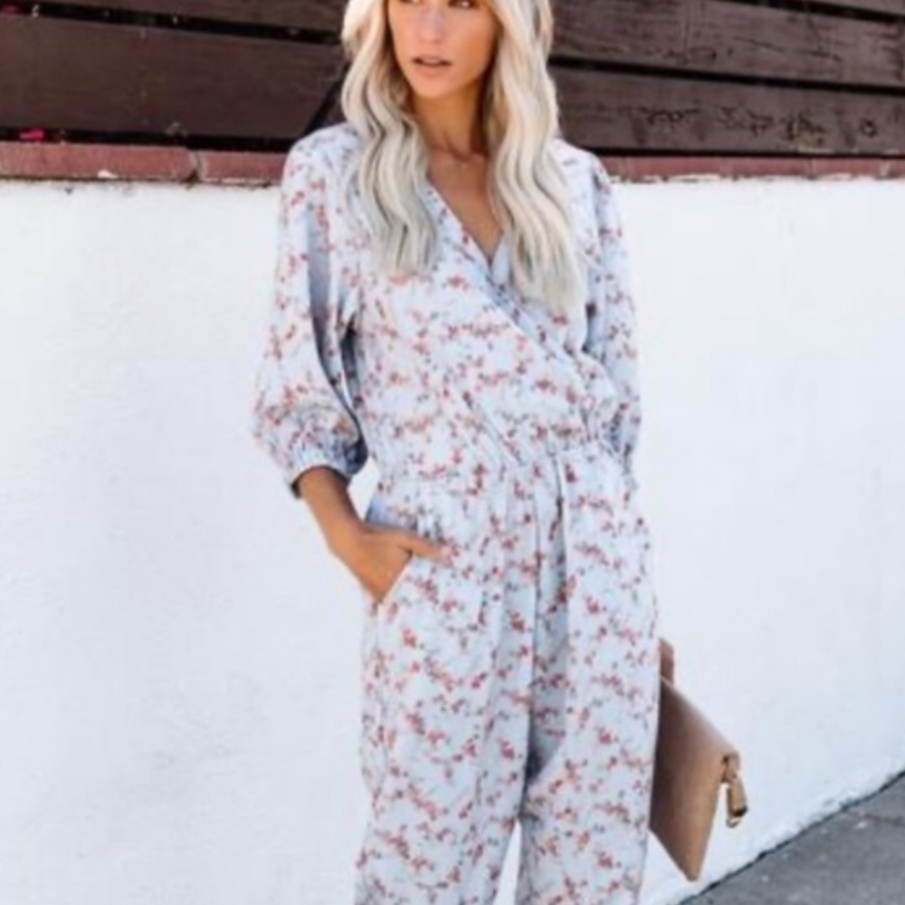 Vici Floral Jumpsuit Light Blue Antique